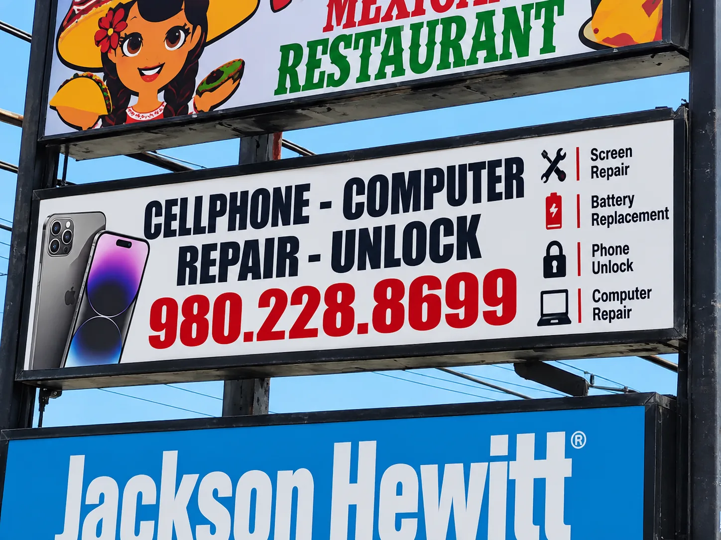 Global We Fix roadside repair services sign with phone number